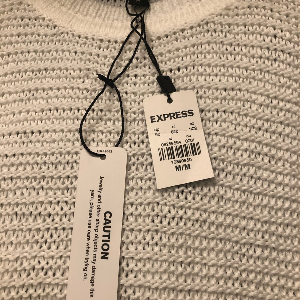 Express medium knit, open shoulder white sweater